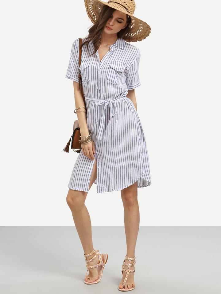 Shein Blue Vertical Striped Self-tie Shirt Dress With Pockets