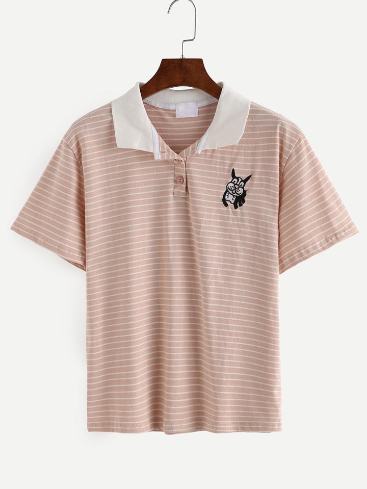 Shein Dog Embroidered Striped Polo Shirt - Pink