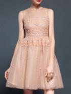 Shein Pink Organza Beading Contrast Lace A-line Dress
