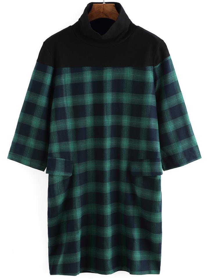 Shein Green High Neck Plaid Pockets Dress