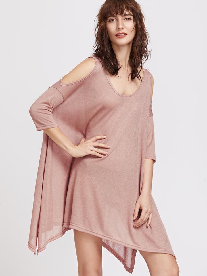 Shein Pink Cold Shoulder Split Side Asymmetrical Dress