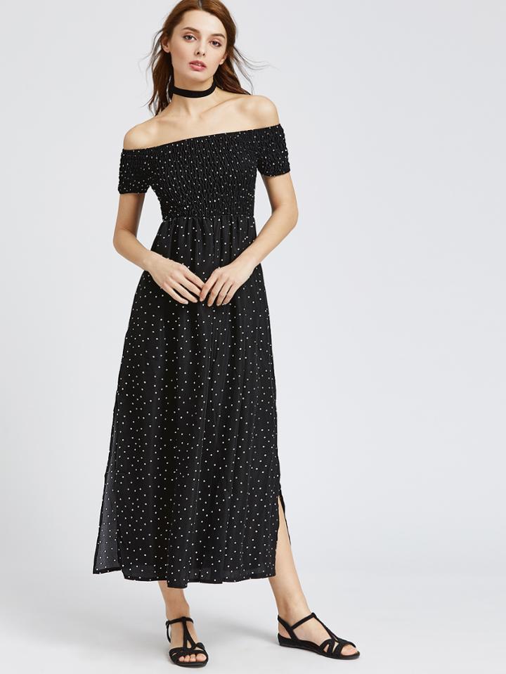 Shein Black Polka Dot Off The Shoulder Slit Side Dress