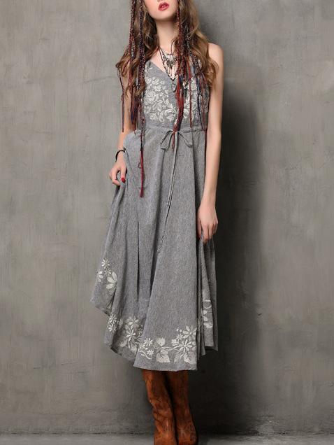 Shein Flower Embroidered Drawstring Waist Cami Dress - Grey