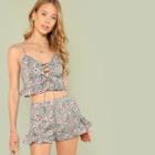 Shein Floral Lace Up Front Shirred Cami Top & Shorts Set