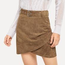 Shein Suede Self Tie Waist Tiered Skirt