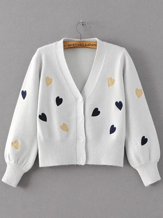 Shein Light Grey Heart Embroidery Lantern Sleeve Sweater Coat