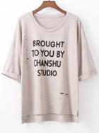 Shein Grey Short Sleeve Letters Print Hole T-shirt
