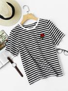 Shein Embroidered Rose Patch Striped Tee