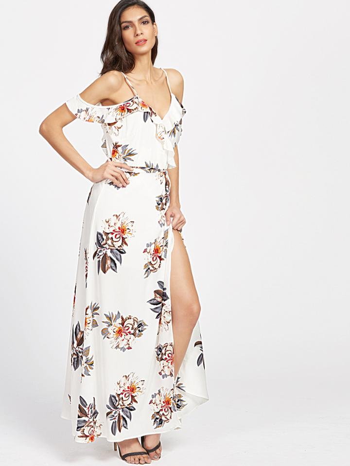Shein Cold Shoulder Ruffle Trim Drawstring Wrap Slit Dress