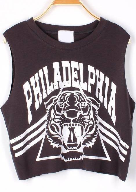 Shein Grey Philadelphia Tiger Print Crop Tank Top