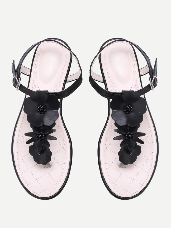 Shein Flower And Faux Pearl Pu Toe Post Sandals