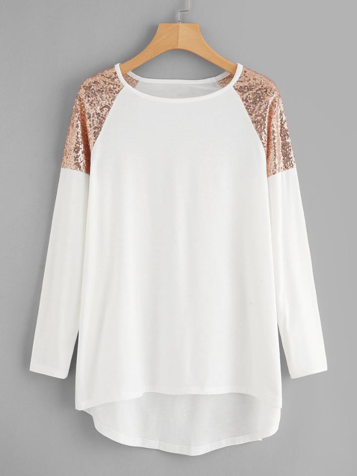 Shein Contrast Sequin Raglan Sleeve Dip Hem Tee
