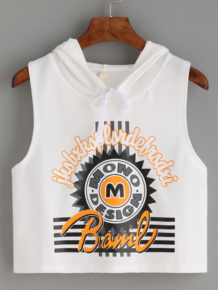 Shein White Graphic Print Hooded Tank Top