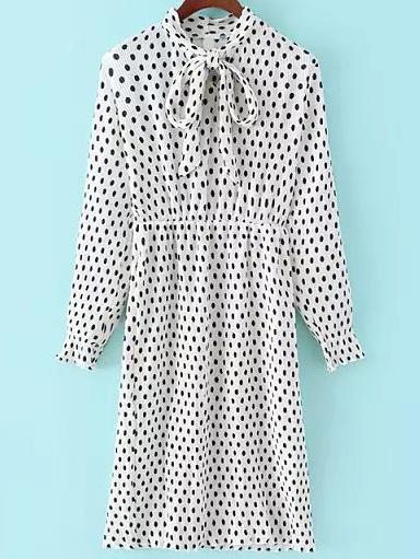 Shein White Bow Collar Polka Dot Ruched Dress