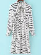 Shein White Bow Collar Polka Dot Ruched Dress