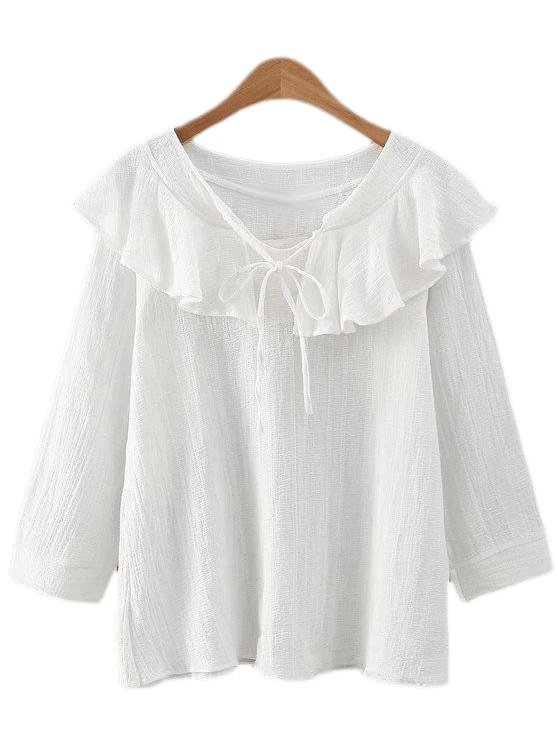 Shein White Long Sleeve Ruffle Bow Tie Neck Blouse