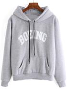 Shein Grey Letter Print Pocket Drawstring Hooded Sweatshirt