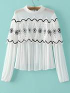 Shein White Band Collar Crochet Pleated Blouse