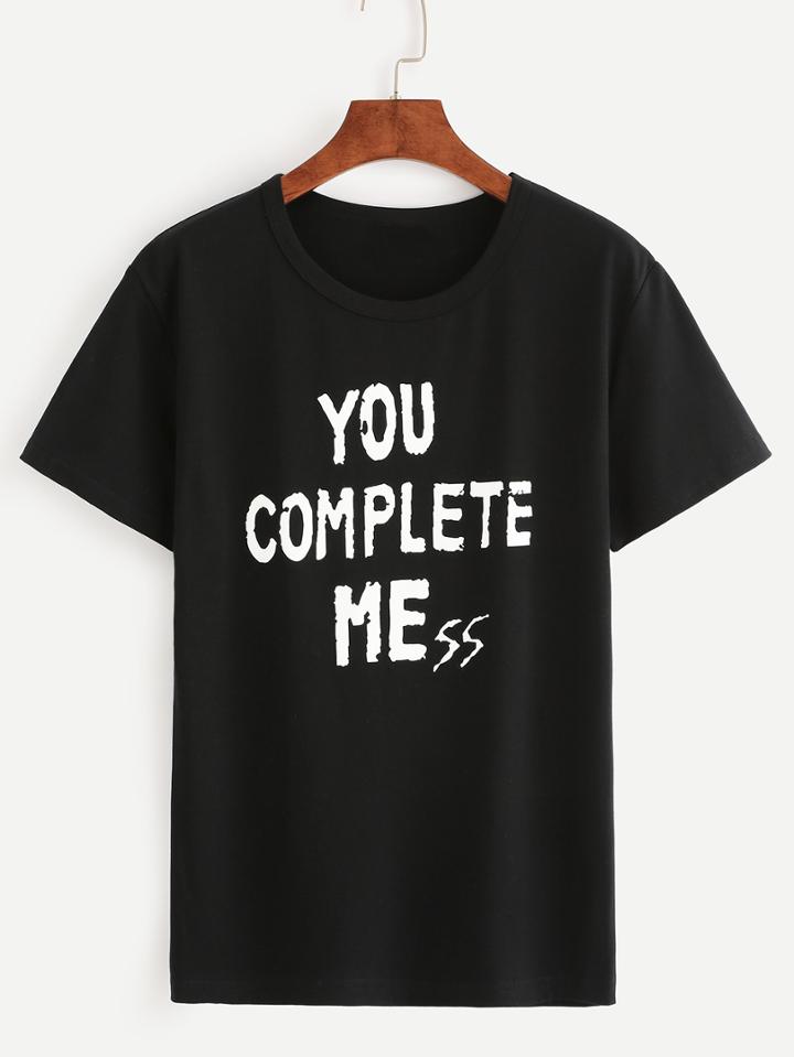Shein Black Slogan Print Round Neck T-shirt