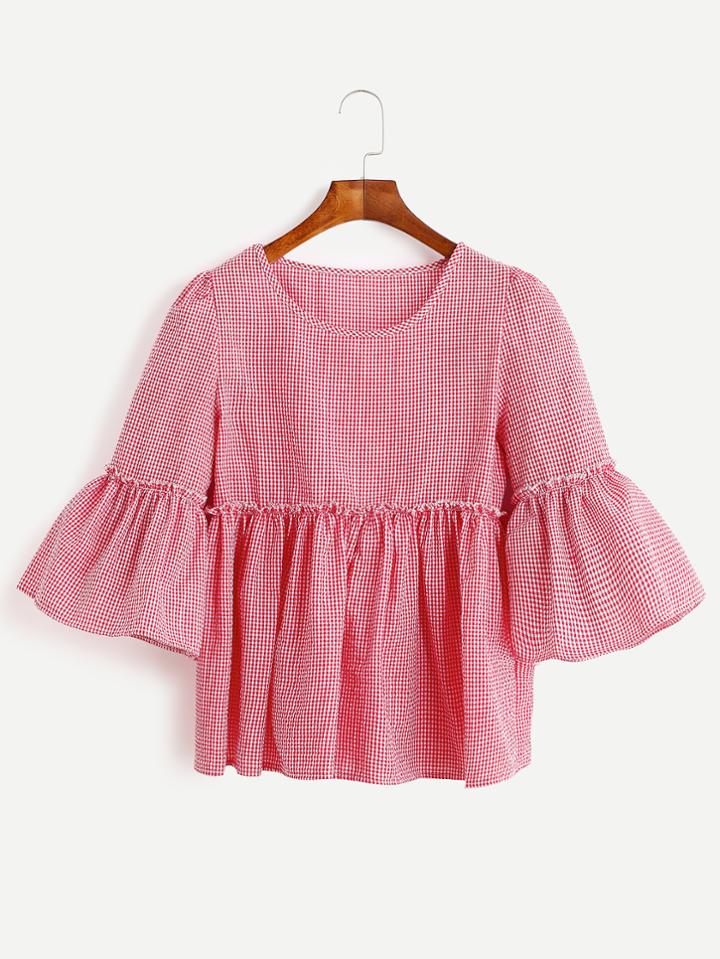 Shein Red Gingham Bell Sleeve Ruffle Hem Blouse