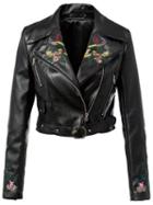 Shein Black Lapel Flower Embroidery Zipper Crop Jacket