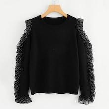 Shein Polka Dot Ruffle Trim Cold Shoulder Sweater