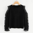 Shein Polka Dot Ruffle Trim Cold Shoulder Sweater