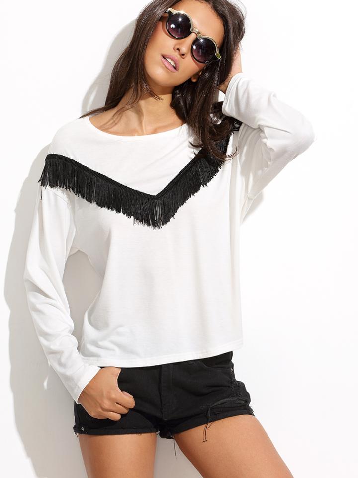 Shein White Fringe Trim Long Sleeve T-shirt