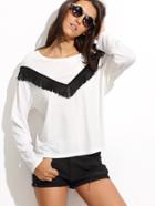 Shein White Fringe Trim Long Sleeve T-shirt