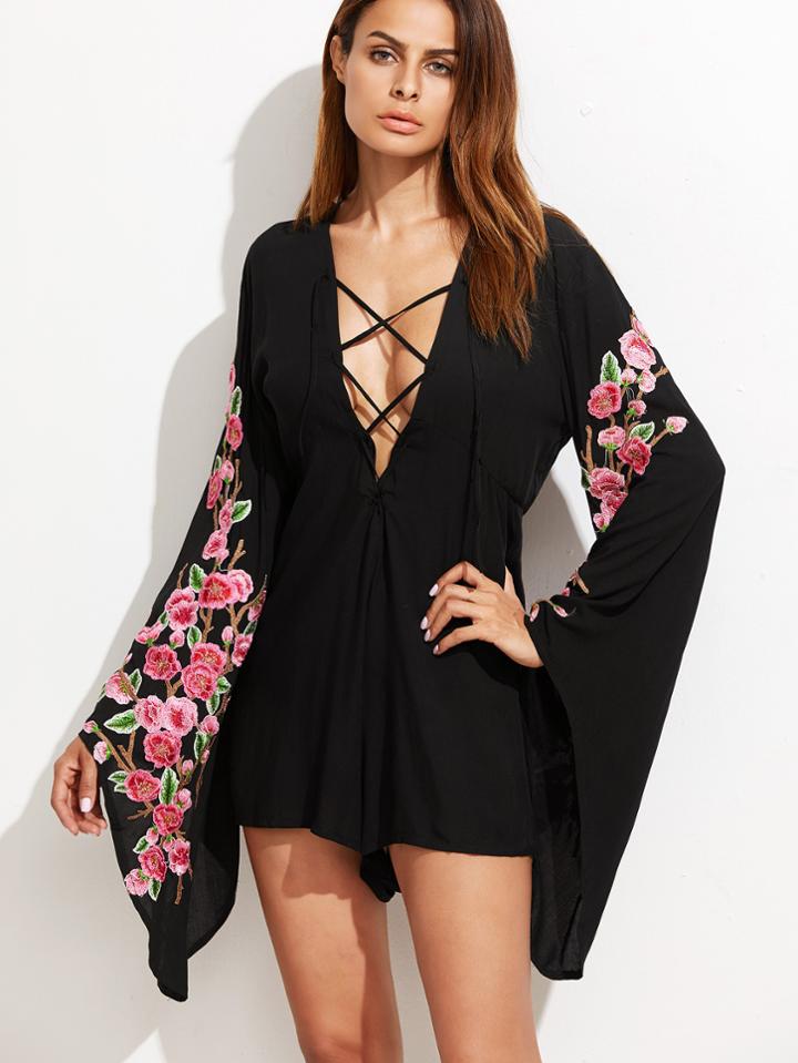 Shein Black Lace Up Plunge Neck Embroidered Romper