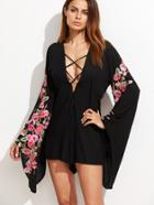 Shein Black Lace Up Plunge Neck Embroidered Romper