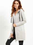 Shein Grey Letter Print Tape Hooded Zip Up Coat