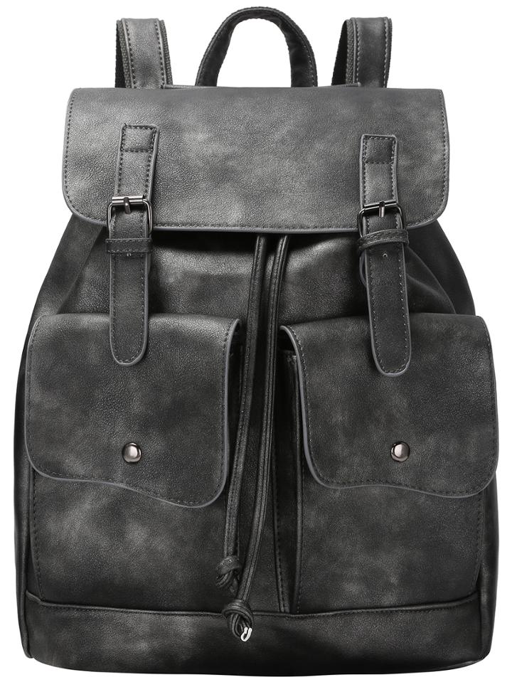 Shein Grey Drawstring Belt Buckle Pu Backpack