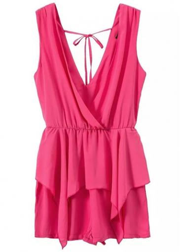Rosewe Chiffon V Neck Sleeveless Pink Layered Romper