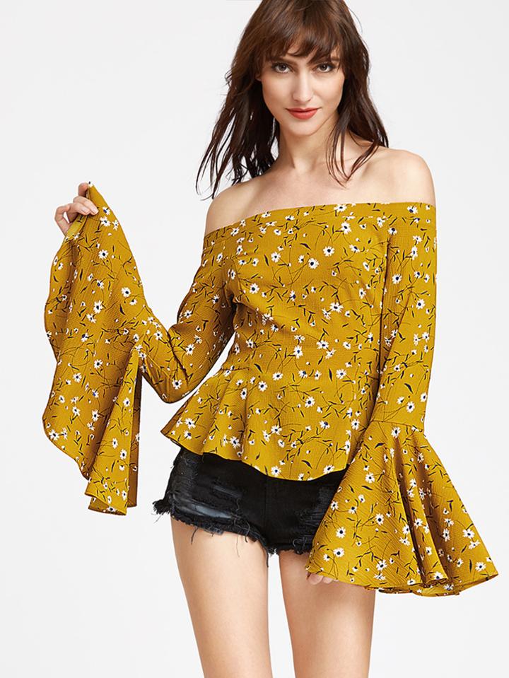 Shein Bardot Bell Sleeve Mustard Floral Ruffle Hem Top