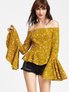 Shein Bardot Bell Sleeve Mustard Floral Ruffle Hem Top