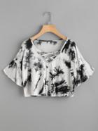 Shein Flute Sleeve Water Color Lattice Front Tee
