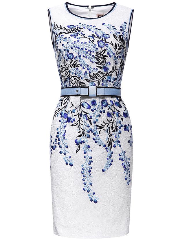 Shein White Embroidered Jacquard Belted Sheath Dress