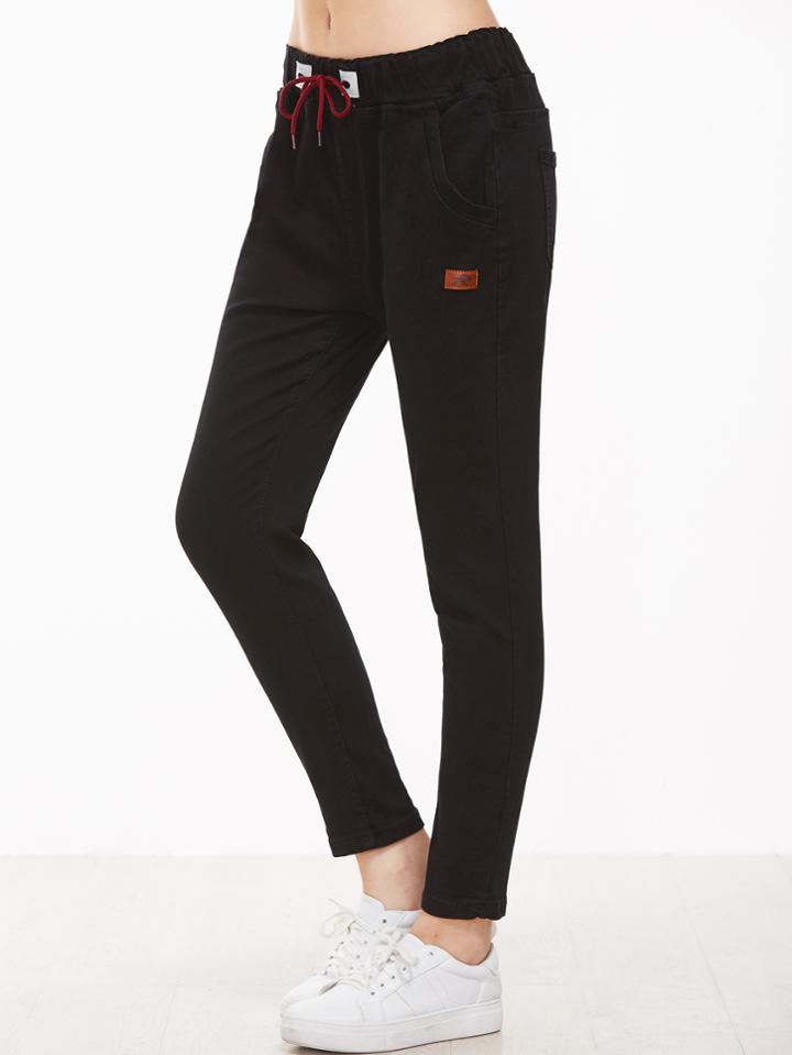 Shein Black Patch Detail Drawstring Waist Pants