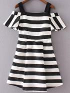 Shein Black And White Striped Cold Shoulder A-line Dress