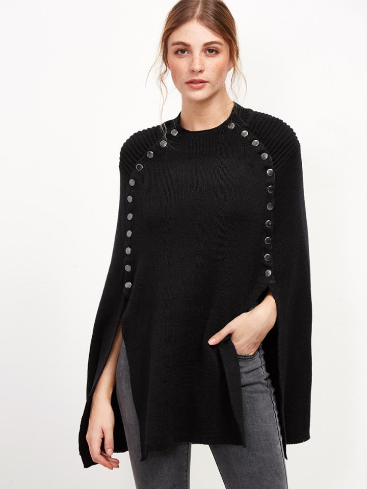 Shein Black Metal Button Embellished Poncho Sweater