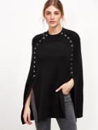 Shein Black Metal Button Embellished Poncho Sweater