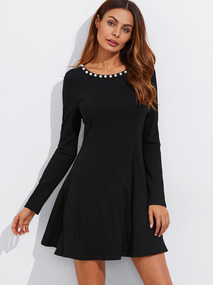Shein Pearl Beading Princess Seam Detail Ribbed Dress