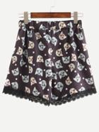 Shein Elastic Waist Cat Print Lace Hem Shorts