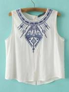 Shein White Sleeveless Embroidery Buttons Back Tank Top