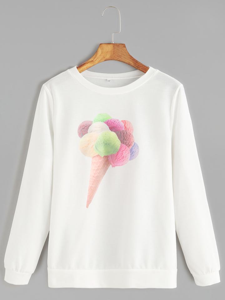 Shein White Ice Cream Print Sweatshirt