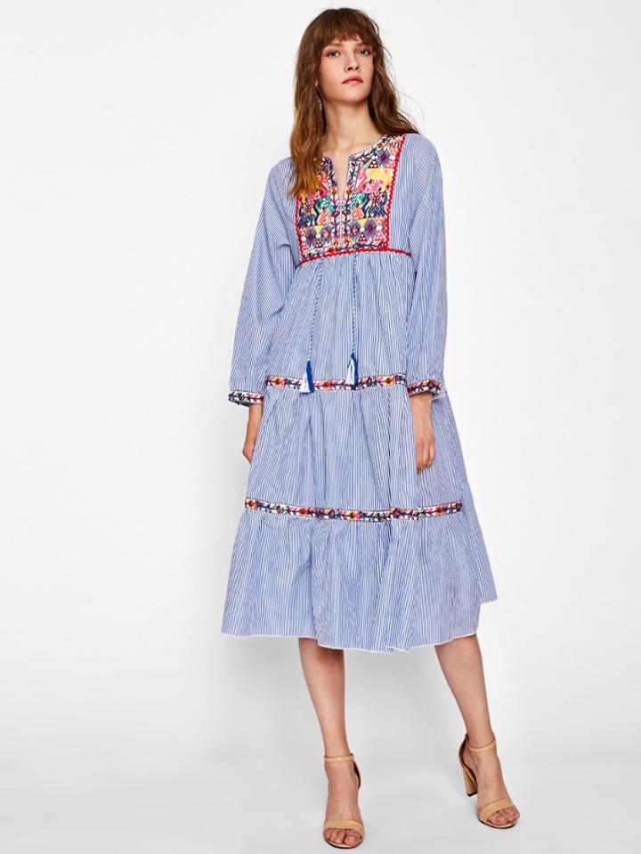 Shein Aztec Embroidered Tassel Tie Vertical Striped Tiered Peasant Dress