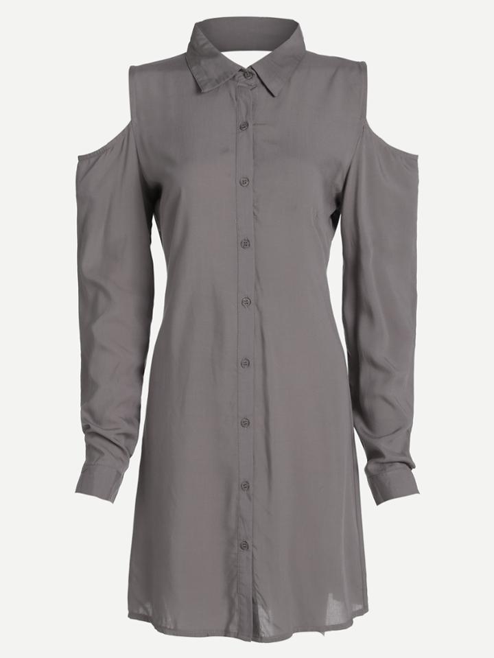 Shein Grey Cold Shoulder Long Sleeve Shirt Dress
