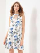 Shein V Cut Choker Neck Floral Print Dress