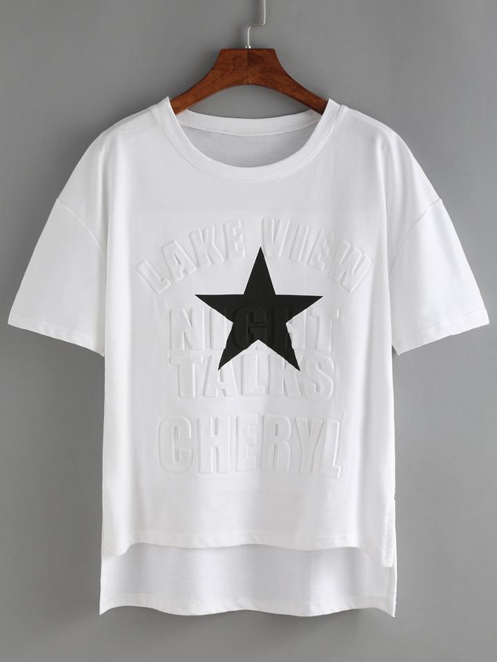 Shein Dip Hem Split Star Print Embossed T-shirt